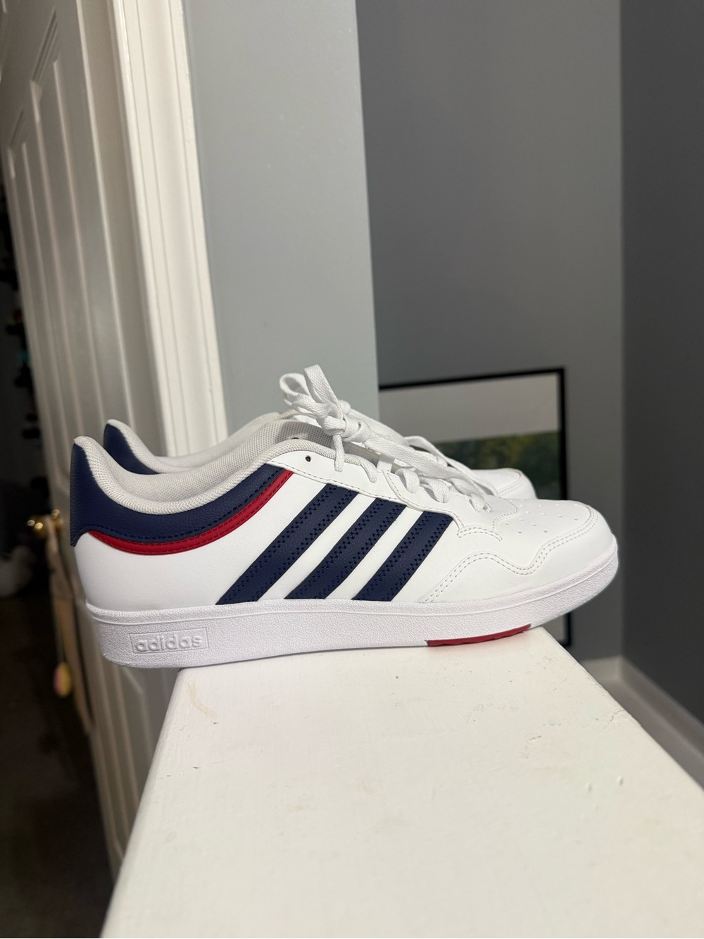adidas White Sneakers with Navy Stripes and Red Trim